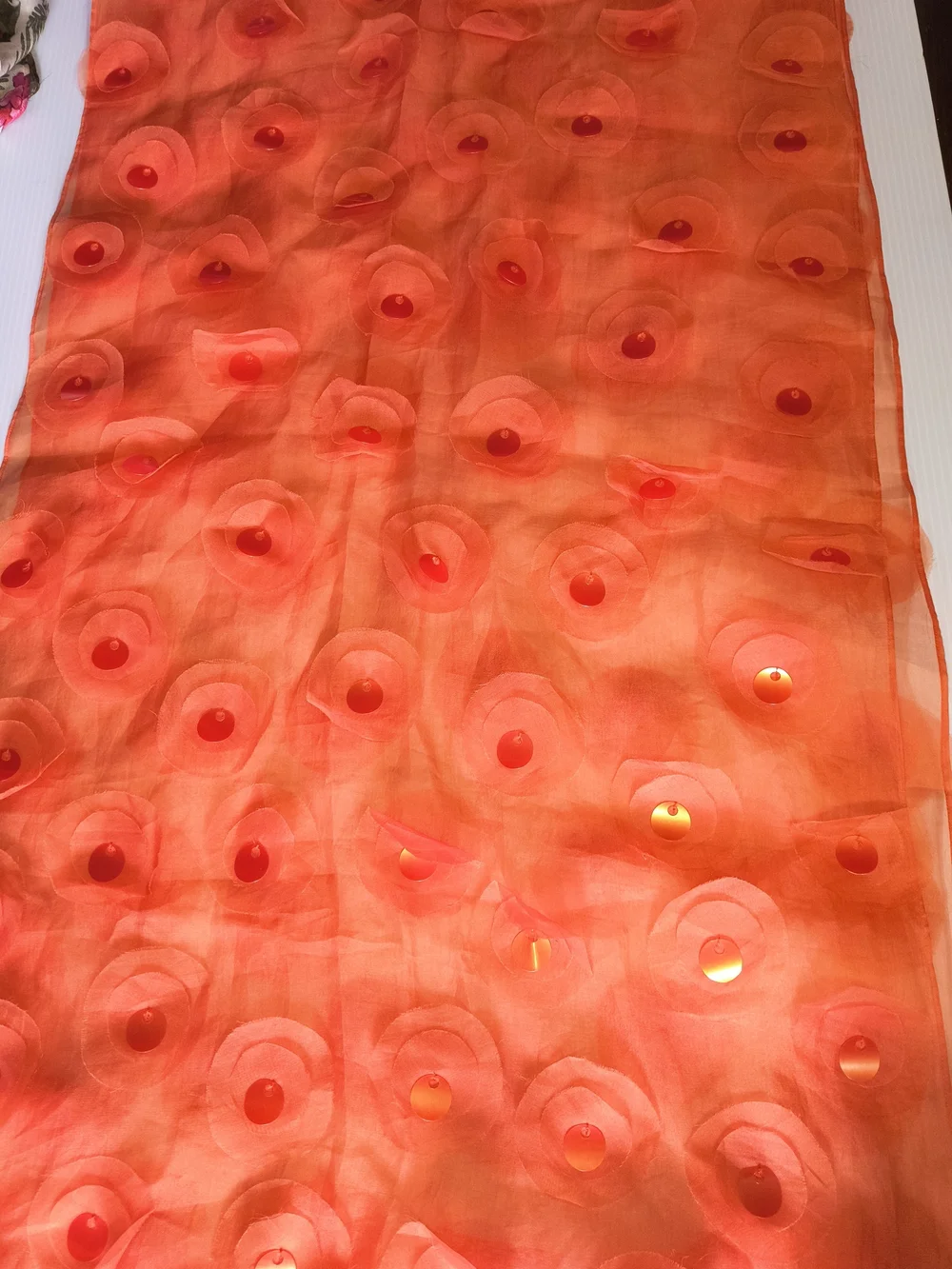 Amet & Ladoue Luxury Sheer Orange Embellished Scarf Wrap - Rare 3D Sequin Detail